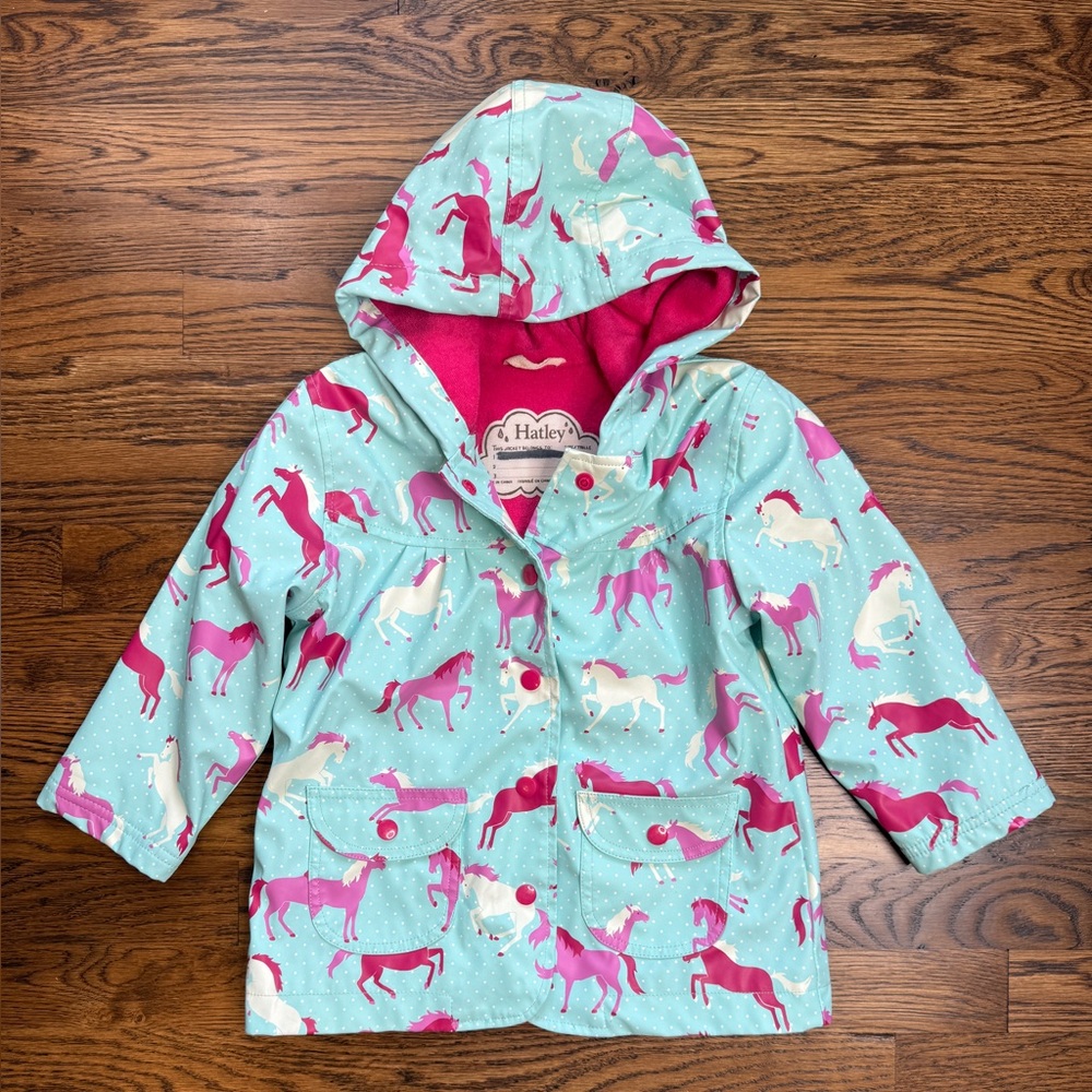 Hatley Kids Girls Horse Print French Terry Lined Coat Jacket Mint Fuchsia Pink 3